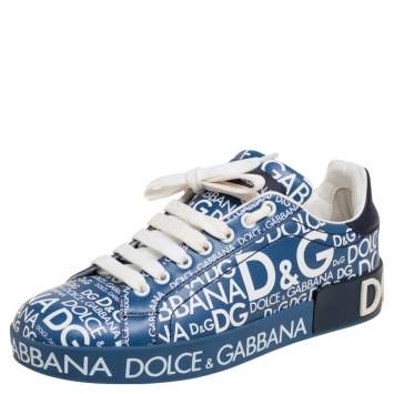 Pre Owned Dolce & Gabbana Blue Leather Logo Print Portofino Low-Top Sneakers Size 38