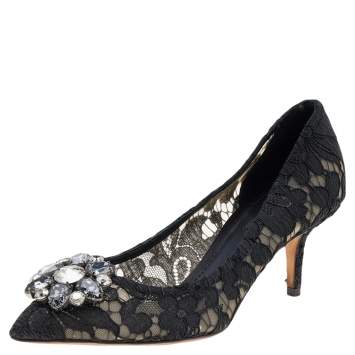 Pre Owned Dolce & Gabbana Black Lace And Mesh Crystal Embellished Bellucci Pumps Size 39