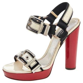 Pre Owned Dolce & Gabbana Cream/Black Patent Leather And Fabric Buckle Detail Sandals Size 39