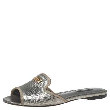 Pre Owned Dolce & Gabbana Silver Lizard Embossed Leather Sofia Flat Sandals Size 37 