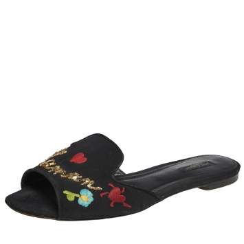 Pre Owned Dolce & Gabbana Black Canvas Embroidery Flat Sandals Size 41