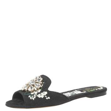 Pre Owned Dolce & Gabbana Black Brocade Fabric Crystal Embellished Flat Slides Size 40