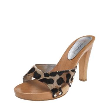 Pre Owned Dolce & Gabbana Brown Leopard Print Calf Hair Wooden Clog Slide Sandals Size 39