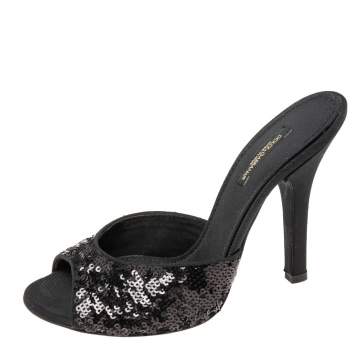 Pre Owned Dolce & Gabbana Black Sequins Open Toe Slides Sandals Size 36.5