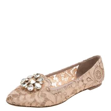Pre Owned Dolce & Gabbana Pink Lace Crystal Embellished Taormina Ballet Flats Size 40