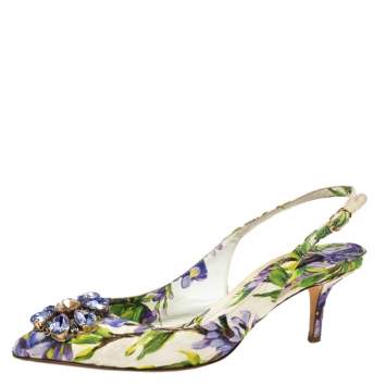 Pre Owned Dolce & Gabbana Multicolor Canvas Floral Crystal  Bellucci Slingback  Sandals Size 39.5