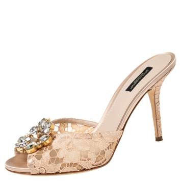 Pre Owned Dolce & Gabbana Peach Pink Lace Taormina Slide Sandals Size 40
