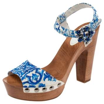 Pre Owned Dolce & Gabbana White/Blue Floral Print Fabric Embellished Platform Ankle Strap Clog Sandals Size 40
