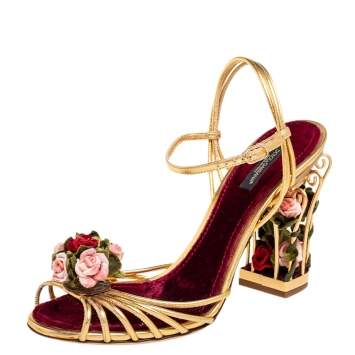 Pre Owned Dolce & Gabbana Gold Leather Rose Cage Strappy Sandals Size 40