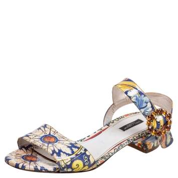 Pre Owned Dolce & Gabbana Multicolor Printed Patent Leather Embellished Flat Ankle Strap Sandals Size 39.5