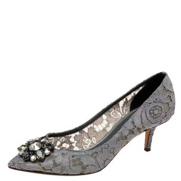Pre Owned Dolce & Gabbana Grey Lace Bellucci Pointed-Toe Pumps Size 39