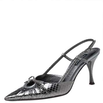 Pre Owned Dolce & Gabbana Metallic Grey Snakeskin bow Slingback Sandals Size 36.5 