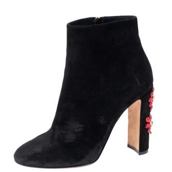 Pre Owned Dolce & Gabbana Black Suede Jewel Embellished Heel Ankle Boots Size 39