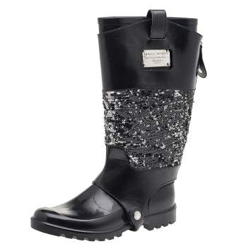 Pre Owned Dolce & Gabbana Black Rubber And Leather Sequins Embellished Wellington Rubber Rain Boots Size 38