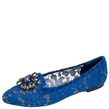 Pre Owned Dolce & Gabbana Royal Blue Lace Taormina Ballet Flats Size 39
