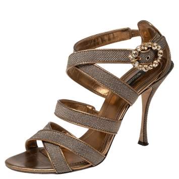 Pre Owned Dolce & Gabbana Metallic Gold Glitter And Leather Strappy Sandals Size 40.5