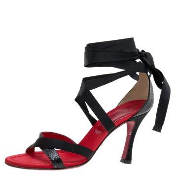Pre Owned Dolce & Gabbana Black Snakeskin and Satin Ankle Wrap Sandals Size 38.5