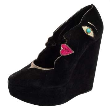 Pre Owned Dolce & Gabbana Black Suede Embellished Wedge Pumps Size 39