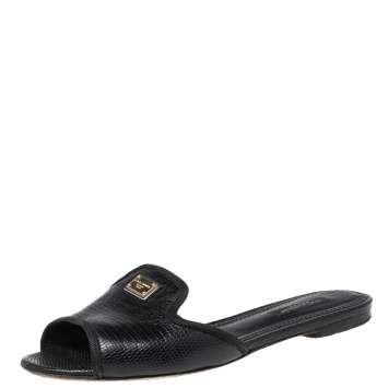 Pre Owned Dolce & Gabbana Black Lizard Embossed  Leather Sofia  Sandals Size 37