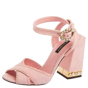 Pre Owned Dolce & Gabbana Pink Suede Criss Cross Jewel Embellished Heel Ankle-Strap Sandals Size 35