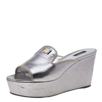 Pre Owned Dolce & Gabbana Silver Lizard Embossed Leather Wedge Slide Sandals Size 41
