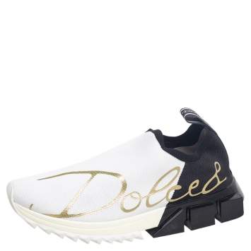 Pre Owned Dolce and Gabbana White/Black Knit Fabric Sorrento Slip-On Sneakers Size 38