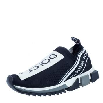 Pre Owned Dolce & Gabbana Black/White Knit Fabric Sorrento Sneakers Size 38.5
