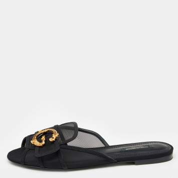 Pre Owned Dolce & Gabbana Black Mesh Baroque Logo Flat Slide Sandals Size 38