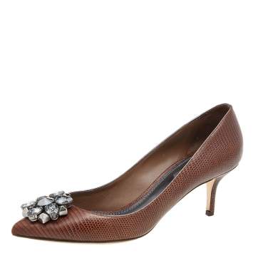 Pre Owned Dolce & Gabbana Brown Lizard Embossed Leather Bellucci Crystal Embellished Pumps Size 39