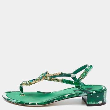 Pre Owned Dolce & Gabbana Green Printed Patent Leather Crystal Embellished Ankle Strap Sandals Size 37.5