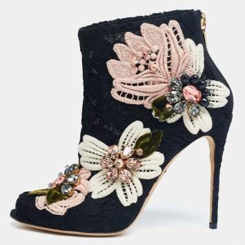 Pre Owned Dolce & Gabbana Black Lace Peep Toe Ankle Boots Size 36