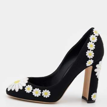 Pre Owned Dolce & Gabbana Black Floral Embroidered Fabric Block Heel Pumps Size 38