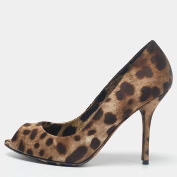 Pre Owned Dolce & Gabbana Brown Leopard Print Satin Peep Toe Pump Size 37