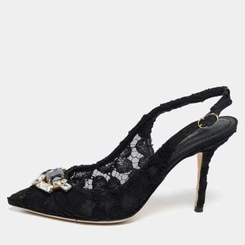Pre Owned Dolce & Gabbana Black Lace Crystal Embellished Slingback Sandals Size 39