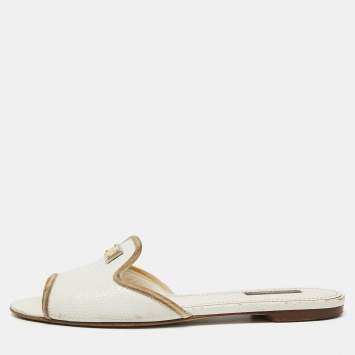 مملوكة مسبقًا Dolce & Gabbana White Lizard Embossed Leather Flat Slides Size 38