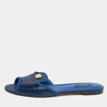 مملوكة مسبقًا Dolce & Gabbana Blue Lizard Embossed Leather Sofia Flat Slides Size 39.5