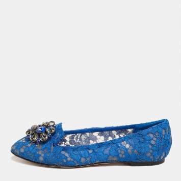 Pre Owned Dolce & Gabbana Royal Blue Lace Taormina Ballet Flats Size 39.5