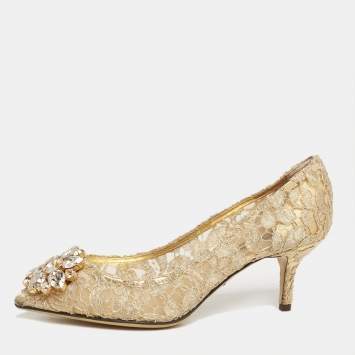 Pre Owned Dolce & Gabbana Gold Lace Bellucci Pumps Size 37