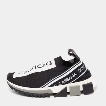 Pre Owned Dolce & Gabbana Black/White Knit Fabric Sorrento Slip-On Sneakers Size 36