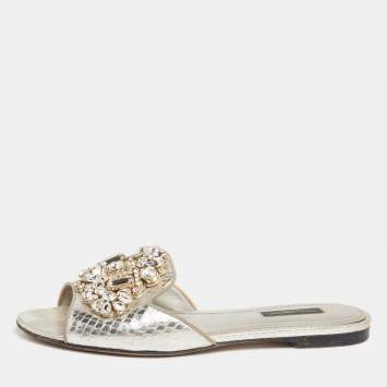 Pre Owned Dolce & Gabbana Silver Crystal Embellished Snakeskin Embossed Leather Bianca Flat Sandals Size 37
