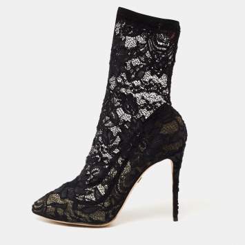 Pre Owned Dolce & Gabbana Navy Blue Lace and Mesh Stretch Booties Size 38.5