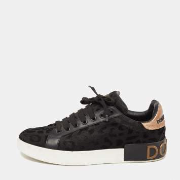 Pre Owned Dolce & Gabbana Black Lurex Fabric And Leather Logo Trainers Sneakers Size 38