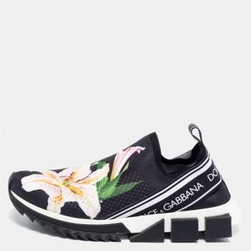 Pre Owned Dolce & Gabbana Black Floral Stretch Fabric Sorrento Slip-On Sneakers Size 41