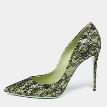 Pre Owned Dolce & Gabbana Black/Green Patent And Lace Pointed Toe Pumps Size 41