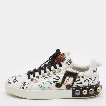 Pre Owned Dolce & Gabbana White Leather Love Graffiti Printed Low Top Sneakers Size 39