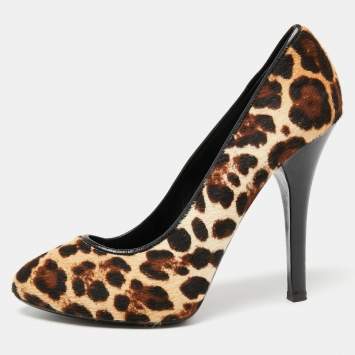 Pre Owned Dolce & Gabbana Beige/Brown Pony Hair Leopard Print Platform Pumps Size 40