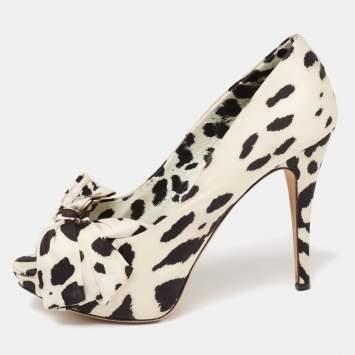 Pre Owned Dolce & Gabbana White/Black Leopard Print Satin Bow Peep Toe Platform Pumps Size 38.5