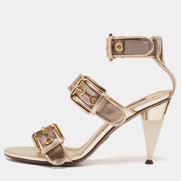 Pre Owned Dolce & Gabbana Metallic Gold Leather And PVC Ankle Cuff Sandals Size 37.5