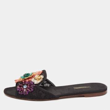 Pre Owned Dolce & Gabbana Black Lace Crystal Flower Embellished Flat Slides Size 38
