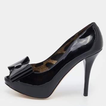 Pre Owned Dolce & Gabbana Black Patent Leather Bow Peep Toe Platform Pumps Size 39